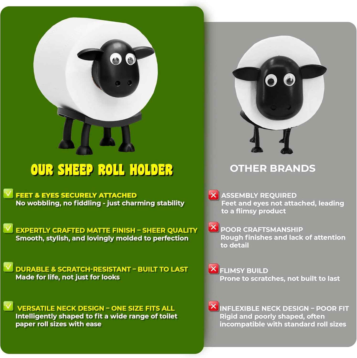 VELENTI Sheep Toilet Roll Holder - Funny Toilet Paper Holders Free Standing Cute Bathroom Decor - Premium 3D Printed Black Sheep Loo Rolls Holder - Hilarious Tissue Paper Roll Storage - Set of 3