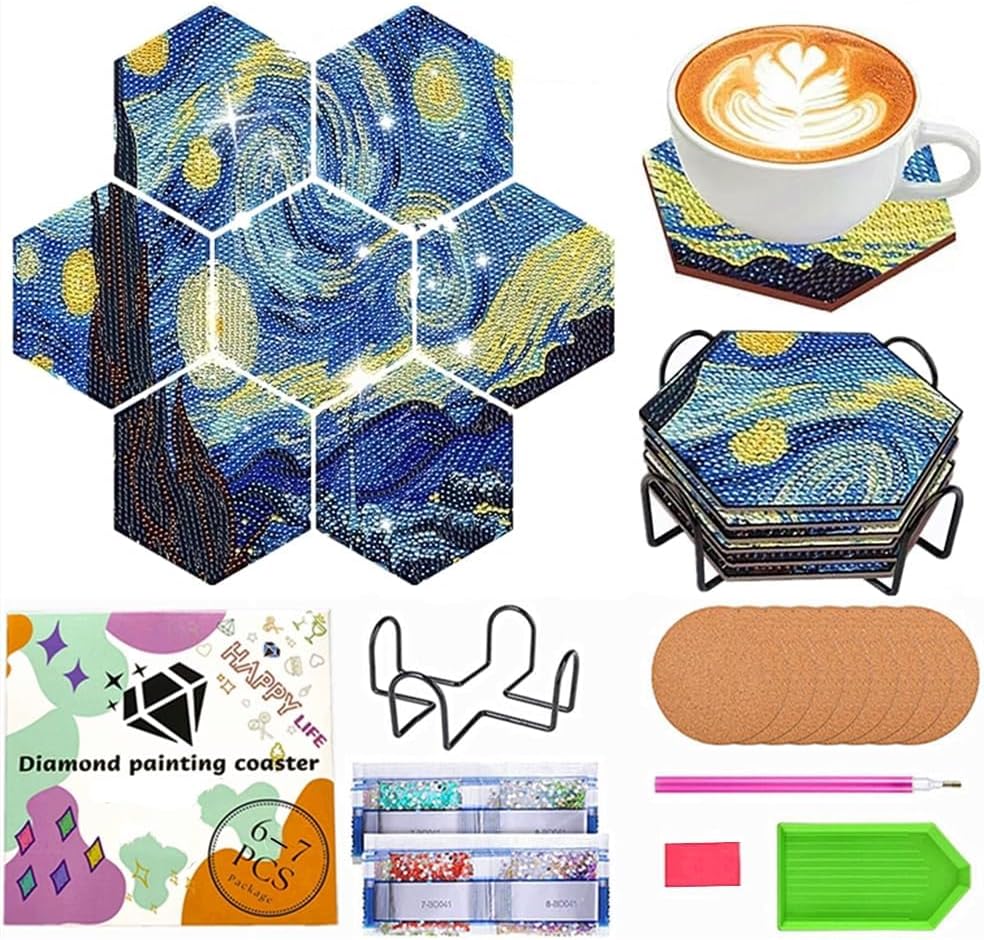 NUFTVI Diamond Art Coasters, 7 PCS Hexagonal Coasters with Holder
