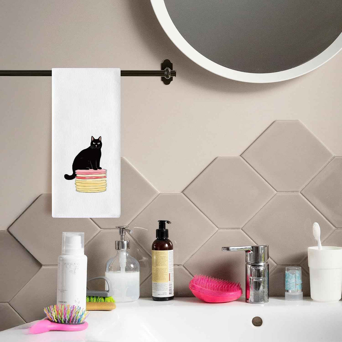 Black Cat Hand Towel - 6Pcs Funny Bathroom Black Cat Decorative Cloths Set Absorbent Polyester Towels for Bath Bar Room Decor, Housewarming Gift for Hostess & Home