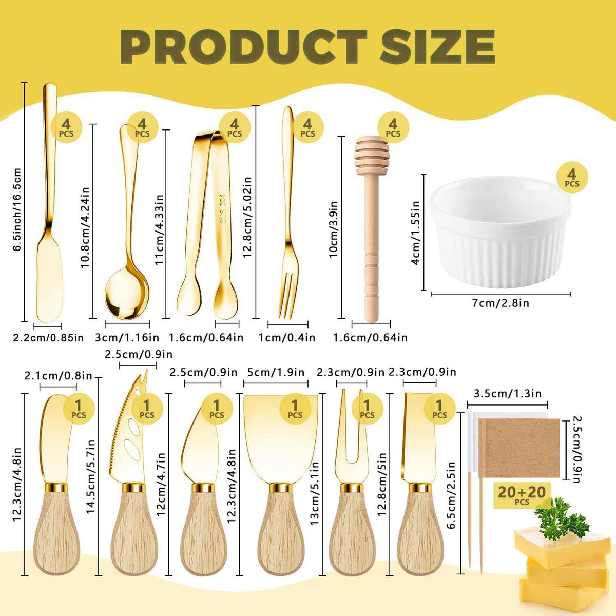 Charcuterie Boards Accessories Gold Charcuterie Utensils Cheese Butter Spreader Knife Set Small Serving Tongs Forks and Spoons Dipping Bowls Honey Dippers Toothpick Flags for Party Platter Making