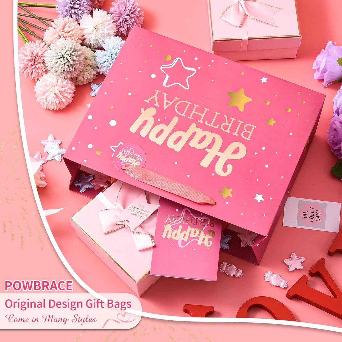 Powbrace 13" Birthday Gift Bag with Tissue Paper & Card(1 Pack Pink Gold) | Foil Stamping Gift Bags, Starry Sky Gift Bags, Happy Birthday Gift Bag for Men Women,Gift Bag Medium size