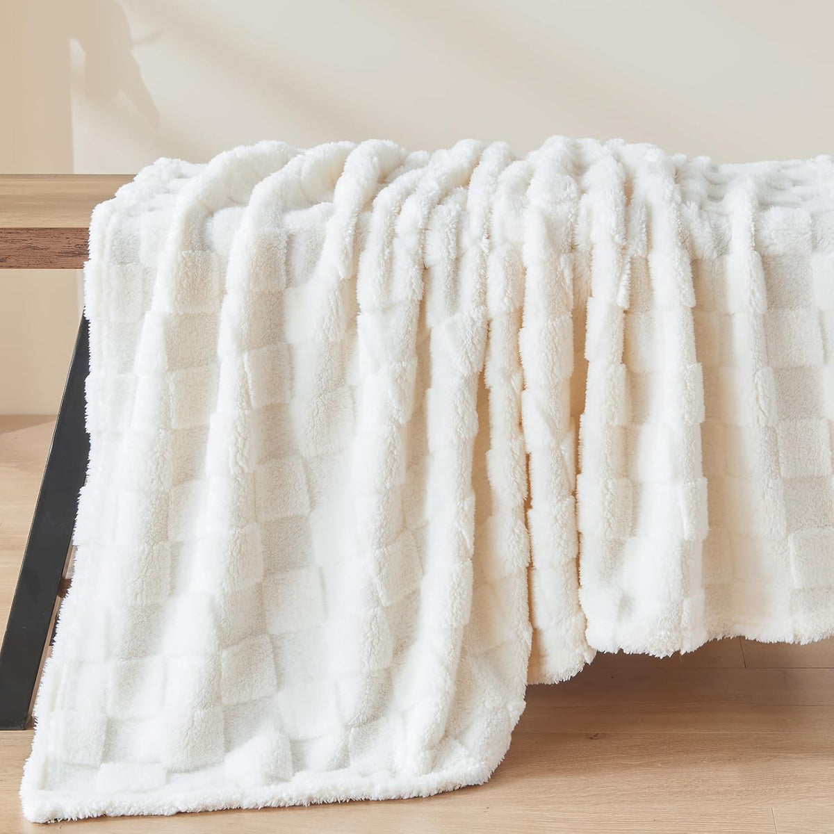 Ivory Checkered Fleece Throw Blanket