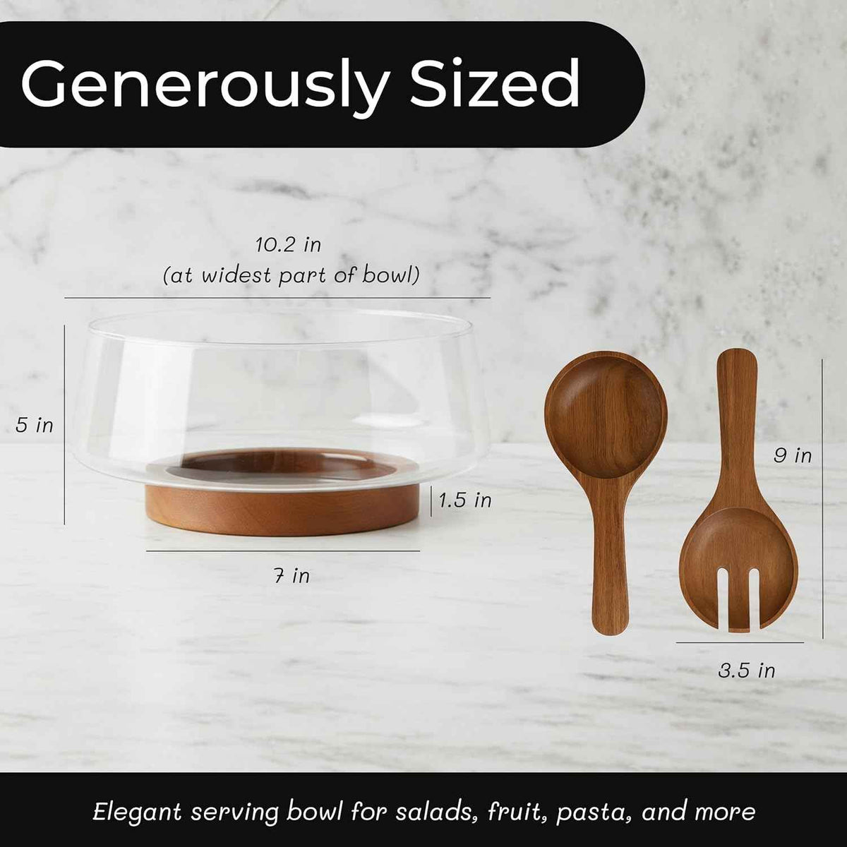 Large Glass Salad Bowl Set with Acacia Wood Base & Salad Servers – Elegant Serving Bowl for Salads, Pasta, Fruit & Snacks – Easy-Clean Modern Serveware, Perfect for Hosting & Housewarming Gifts