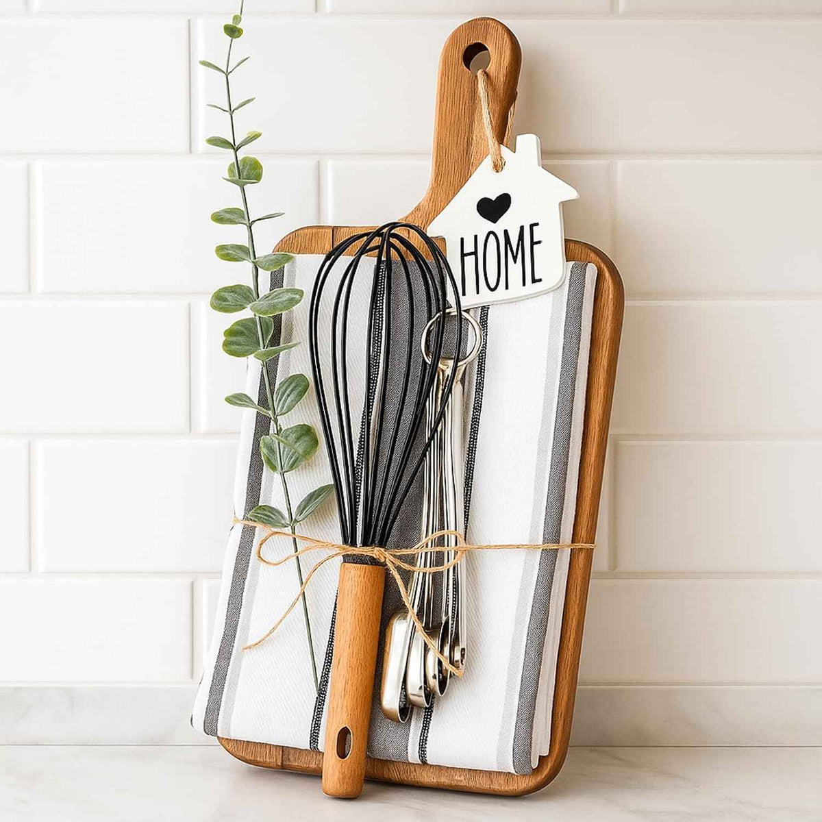 Patelai 7 Pcs Housewarming Gifts Set, Cutting Board Towels Spoons Whisk | Wood Board, Striped Towels, Metal Spoons, Silicone Whisk, Wedding Bridal Shower Gift for Newlywed Homeowner Kitchen