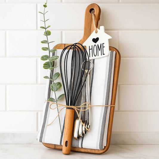 Patelai 7 Pcs Housewarming Gifts Set, Cutting Board Towels Spoons Whisk | Wood Board, Striped Towels, Metal Spoons, Silicone Whisk, Wedding Bridal Shower Gift for Newlywed Homeowner Kitchen