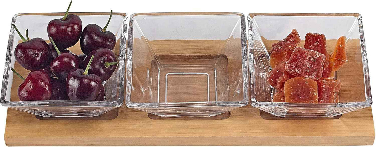 Elegant and Modern Decorative Hostess Set – 4 pc With 3 Glass Condiment or Dip Bowls on a Wood Tray, 12x2.5x4.5 Inches