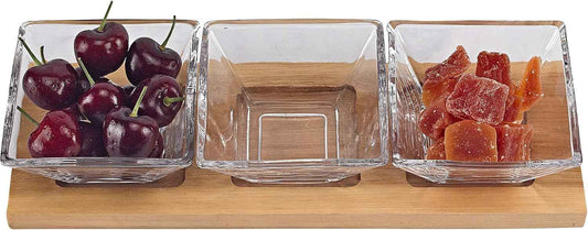 Elegant and Modern Decorative Hostess Set – 4 pc With 3 Glass Condiment or Dip Bowls on a Wood Tray, 12x2.5x4.5 Inches