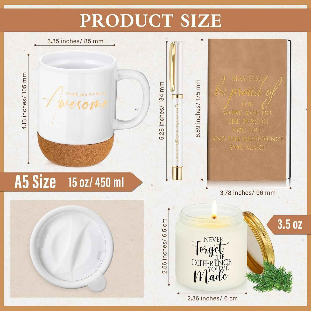 Sayglossy 4 Pcs Thank You Gift Set for Men Women Teacher Coworker, Khaki | Back to School Appreciation Gift Leather Notebook Mug Scented Candle Pen Housekeeping Week Gifts for Staff Male Nurse Boss