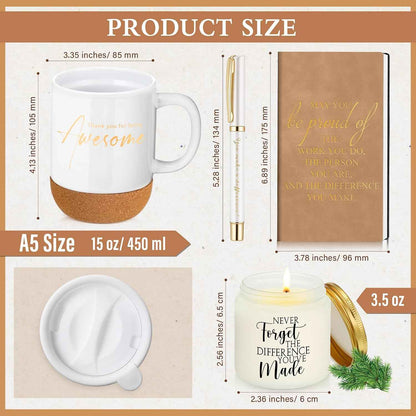 Sayglossy 4 Pcs Thank You Gift Set for Men Women Teacher Coworker, Khaki | Back to School Appreciation Gift Leather Notebook Mug Scented Candle Pen Housekeeping Week Gifts for Staff Male Nurse Boss