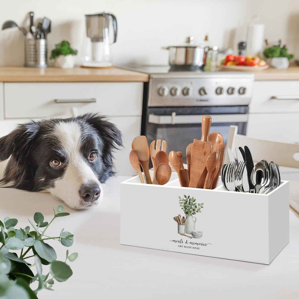 Housewarming Gifts for Women, Eucalyptus Leaves Green Kitchen Utensil Holder, Meals and Memories Are Made Here Home Desk Accessories Decor, Sage Green Utensil Holder for Kitchen Counter
