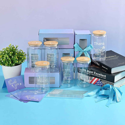 6-Pack Employee Thank You Gifts Glass Cups, 16oz Coffee Cups | Beer glass tumbler with lids, thank you gifts for staff, gift box with card, suitable for team/coworker/men/women/friends