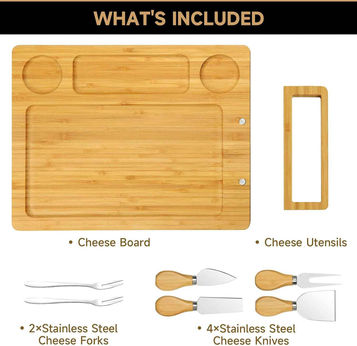 Bamboo charcuterie boards Gift Set - Serving Meat Cheese Board, Charcuterie Board Set with 4 Stainless Steel Cheese Knife, Ideal for House Warming Gifts New Home, Christmas, Bridal Shower Gift | 4 stainless steel cheese knives, serving platter. Perfect...