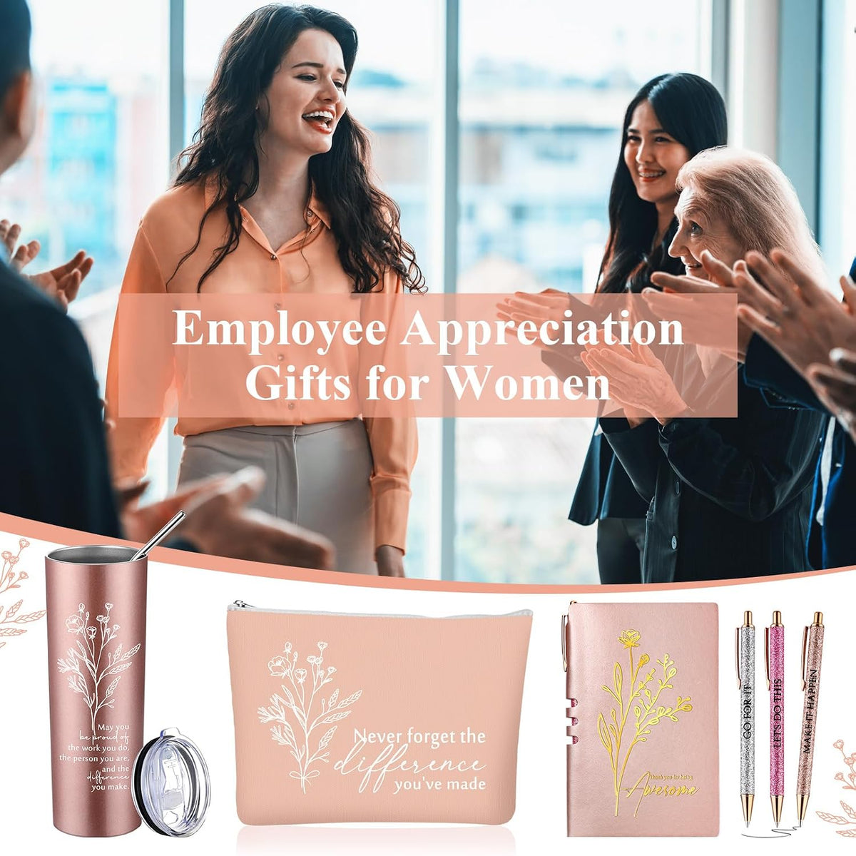 Funnymoom 6 Pcs Employee Appreciation Gift Thank You May You Be Proud 20 oz Boho Flower Tumbler Makeup Bag A6 Journal Pens for Back to School Gifts for Coworker Staff Women Men Nurse Teacher (Pink)