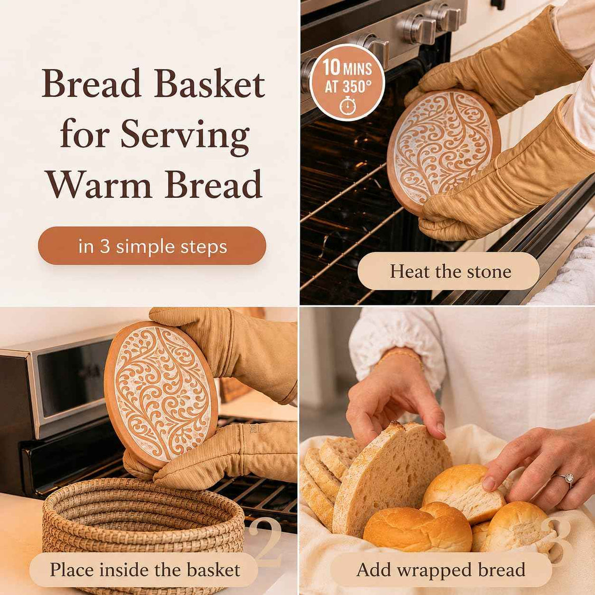Bread Warmer Basket with Stone, Bread Basket for Serving Rolls & Sourdough | Terracotta Warming Stone Keeps Bread & Tortillas Warm, Gift for Bakers, Hostess Gift, Housewarming, Birthday