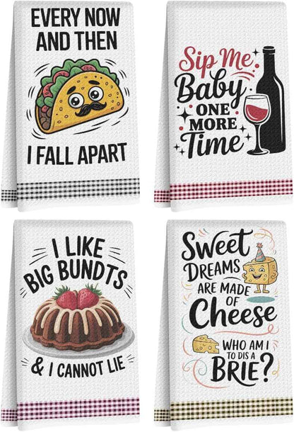 4PCS Funny Kitchen Towel, Cute Decorative Dish Towels Sets | Absorbent Waffle Hand Towels, Housewarming Gifts for New Home, Women, Mom, Funny House Warming Presents, Hostess Gifts