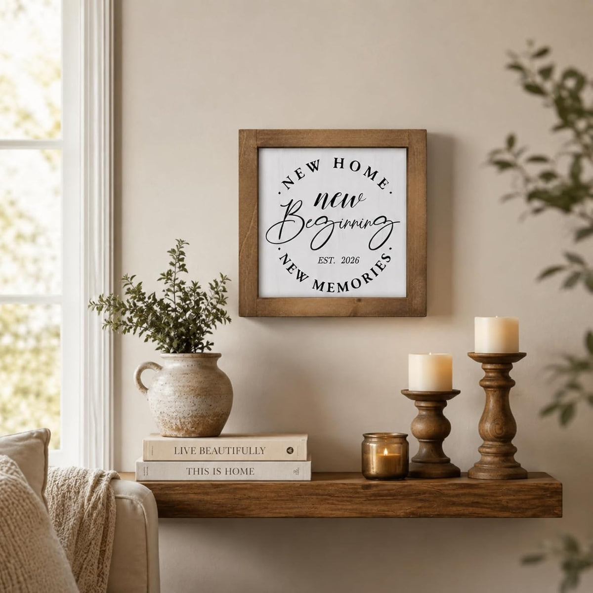 New Home New Beginnings New Memories Sign Housewarming Gifts Decor | Wooden New Home 2026 Gift Ideas for Women Homeowners, Family Indoor Wall Table Shelf Entryway Tray Room Farmhouse Decorations