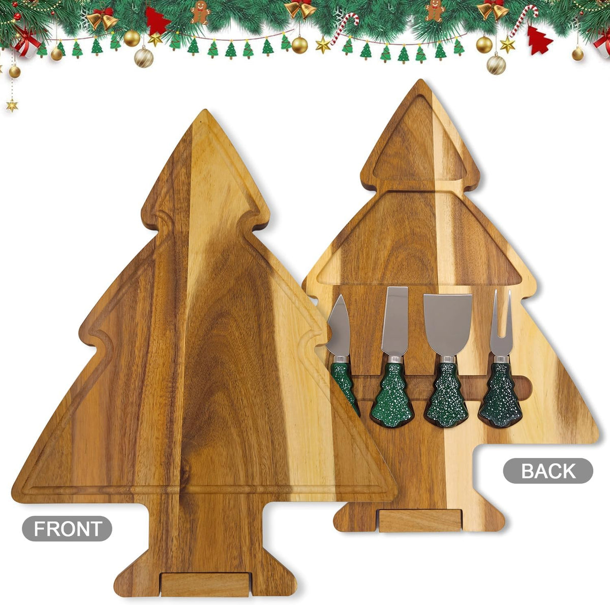 17.3'' Xmas Tree Charcuterie Board Set – Dual-Side Acacia Wood Serving Tray & Cutting Board with 4 Magnetic Knives, Rotating Base – Festive Cheese Platter for Christmas Snacks, Hostess Gift