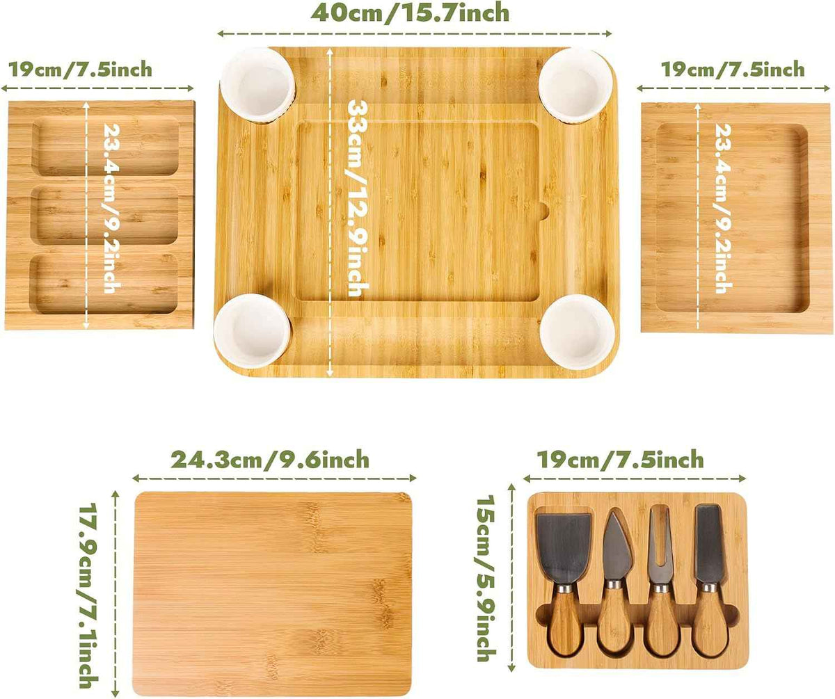 Charcuterie Board Cheese Serving Tray Set, Housewarming Gift for New Home | Bamboo Cheese Board with Stainless Steel Knives and Bowls, Gift for Wedding Couple, Bridal Shower