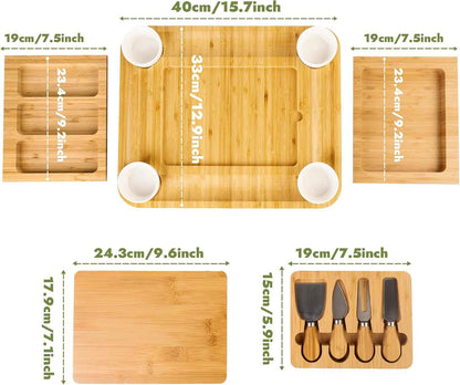 Charcuterie Board Cheese Serving Tray Set, Housewarming Gift for New Home | Bamboo Cheese Board with Stainless Steel Knives and Bowls, Gift for Wedding Couple, Bridal Shower