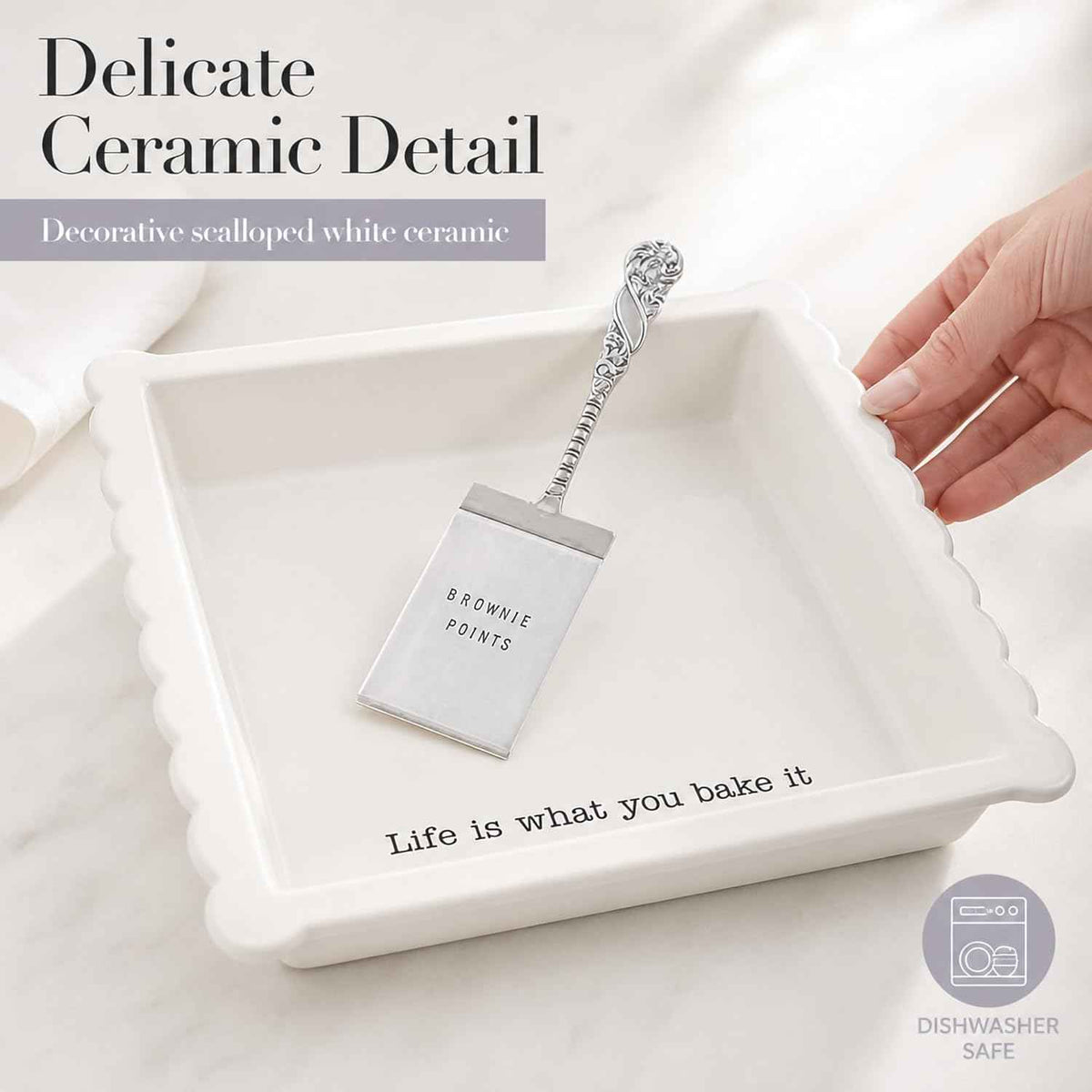Mud Pie Ceramic Brownie Pan Set with Silverplate Server | Scalloped Brownie Baking Dish, Oven Safe Dishwasher Safe Bakeware, Perfect Brownie Pan for Desserts, Bars, Gifts, White