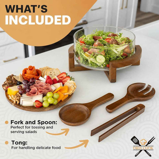 X-Large 6.5 L Glass Salad Bowl with Lid Set, Decorative Glass Mixing Bowl, Trifle and Serving Bowls with Lids as Cheese Charcuterie Board and Plate, Comes with Wood Serving Utensils
