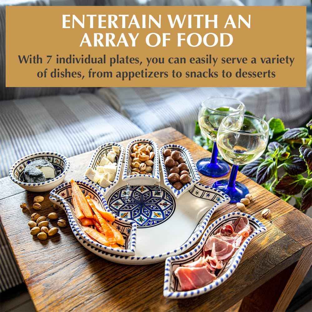 Kamsah Hamsa Serving Platter – 7-Piece Hand-Painted Ceramic Colorful Serving Dishes for Snacks, Appetizers, Dips and More – Moroccon Decorative Platters for Celebrations, Parties and Events