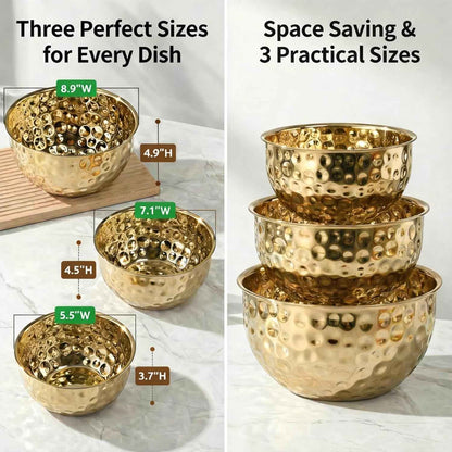 Gold Hammered Serving Bowls Set of 3（1.2/2.4/3.6QT with Elegant Gift Box – Stainless Steel Decorative Nesting Salad,Snack Bowl Set –for Parties,Kitchen Counter, Wedding, Housewarming
