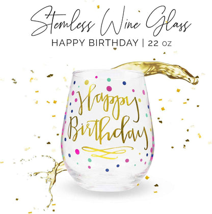 Happy Birthday Wine Glass For Women, 22oz Stemless with Gold Confetti Print - Gift for Adults, Happy Birthday Cups For Her - Gifts For Women - Ideal for 21st, 30th, 40th and 50th Birthdays