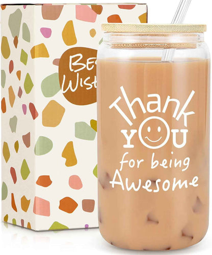 Frerdui Thank You Gift for Women Men, Teacher Appreciation Gifts, Employee Appreciation Gift for Coworkers, Thank You for Being Awesome Glass Cup for Teacher, Nurse | Appreciation Gifts for Coworkers, 16oz Thank You for Being Awesome Glass Cup with Lid...