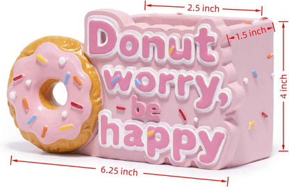 ZAWUU Donut Shaped Organizer - Cute Pink Resin Donut Worry, Be Happy Multi-Use Holder for Pens, Makeup Brushes, Utensils, and More – Perfect Desk or Kitchen Accessory Gift