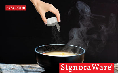 SIGNORAWARE Salt and Pepper Shakers Moisture Proof Set of 2 Small Mini Salt Shaker to go Camping Picnic Outdoors Kitchen Lunch Boxes Travel Spice Set Clear with Red Covers Plastic Airtight Dispenser