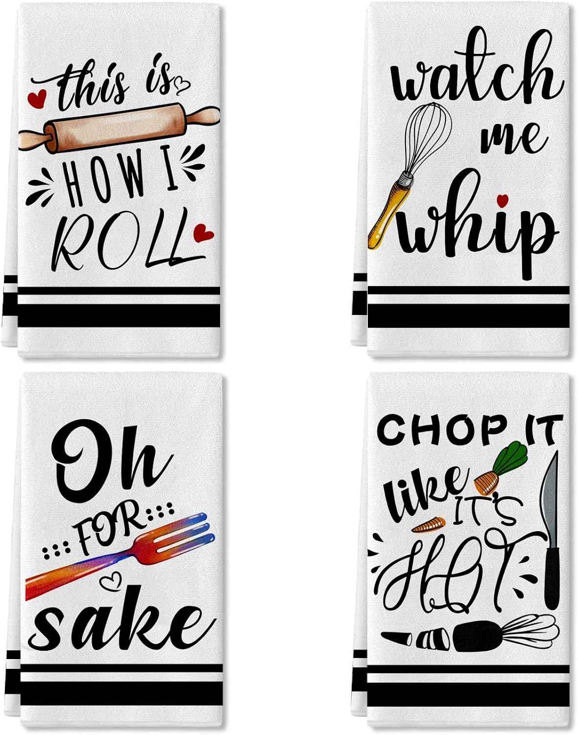 Funny Kitchen Towels and Dishcloths Sets of 4 Kitchen Towels with Sayings Egg Beater Rolling Pin Absorbent Drying Tea Dish Towel for Cooking Baking Home Decorations,18 x 28 Inch