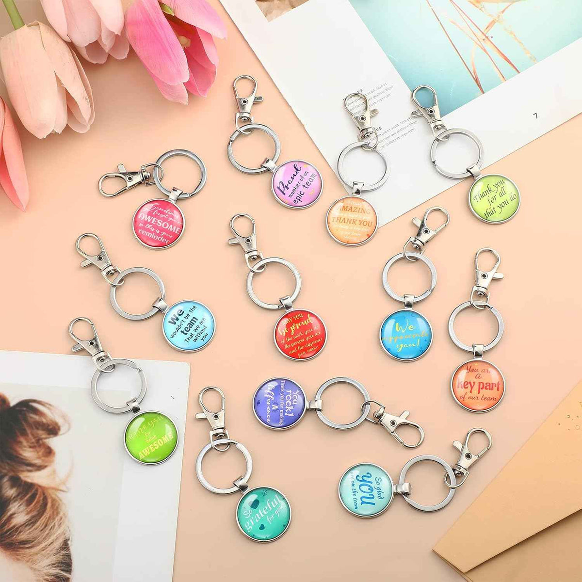 Henoyso 12 Sets Employee Appreciation Gifts for Admin Coworkers Include 12 Inspirational Keychain 12 Organza Bags 12 Thank You Cards Leaving Appreciation Day Gifts for Admin Office Men Women