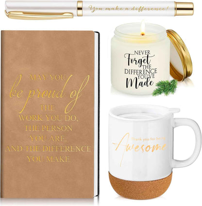 Sayglossy 4 Pcs Thank You Gift Set for Men Women Teacher Coworker, Khaki | Back to School Appreciation Gift Leather Notebook Mug Scented Candle Pen Housekeeping Week Gifts for Staff Male Nurse Boss