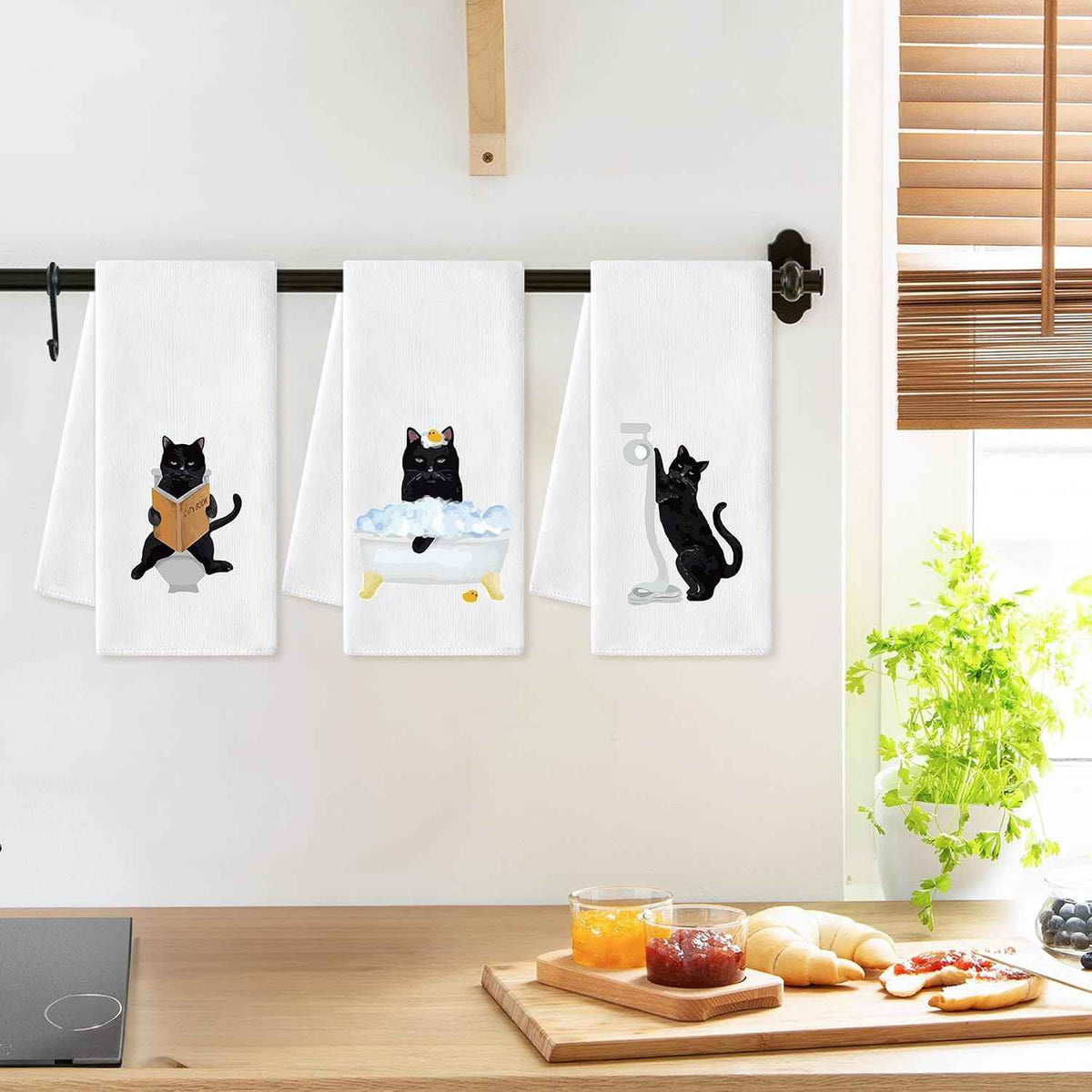 Black Cat Hand Towel - 6Pcs Funny Bathroom Black Cat Decorative Cloths Set Absorbent Polyester Towels for Bath Bar Room Decor, Housewarming Gift for Hostess & Home