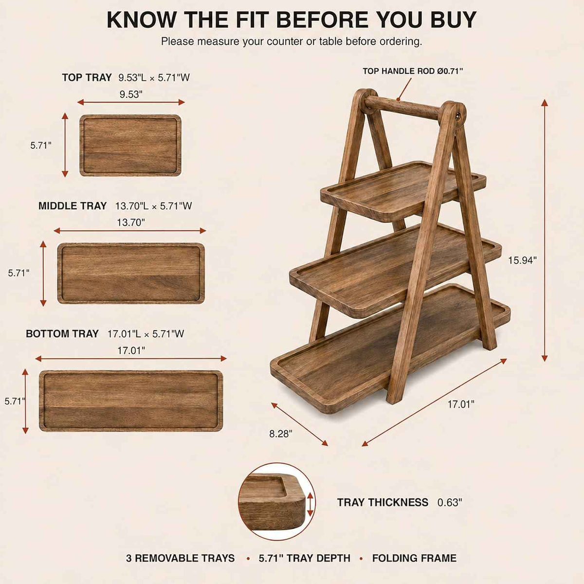 Acacia Wood 3 Tier Foldable Serving Tray, Farmhouse Tiered Display Stand for Charcuterie, Cheese, Desserts & Snacks, Wooden Organizer for Kitchen Counter, Coffee Bar and Party Entertaining