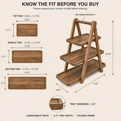 Acacia Wood 3 Tier Foldable Serving Tray, Farmhouse Tiered Display Stand for Charcuterie, Cheese, Desserts & Snacks, Wooden Organizer for Kitchen Counter, Coffee Bar and Party Entertaining