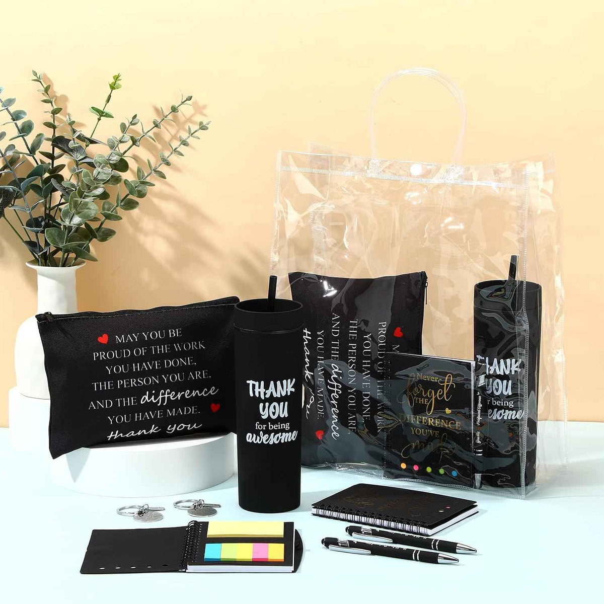 Funnymoom 48 Pcs/8 Sets Employee Appreciation Gifts 8 Thank You for Being Awesome Tumblers 8 Notebooks 8 Ballpoint Pen 8 Makeup Bags 8 Keychain 8 Bag for Women Men Coworker Teacher(Black)