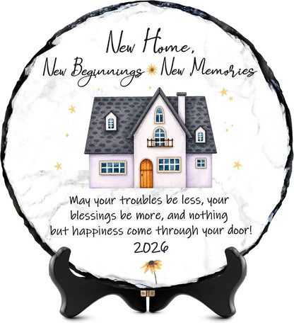 New Home Gift Slate Plaque – New Beginnings New Memories – Housewarming Gifts for New Homeowner, First Home Gift 2026, Natural Slate Stone with Stand
