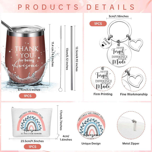 Sieral Thank You Gifts for Women Employee Appreciation Thank You for Being Awesome 12oz Stainless Steel Tumbler Keychain Makeup Bag Teacher Coworker Students Back to School Gifts(Rainbow)