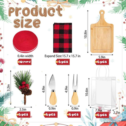 6 Set Christmas Cutting Board Gift Bulk Wooden Cheese Charcuterie Board | with Knives Forks Red Berry Towels Gift Bags Kitchen Housewarming Gifts for Neighbor Guest Xmas Holiday Party Decor