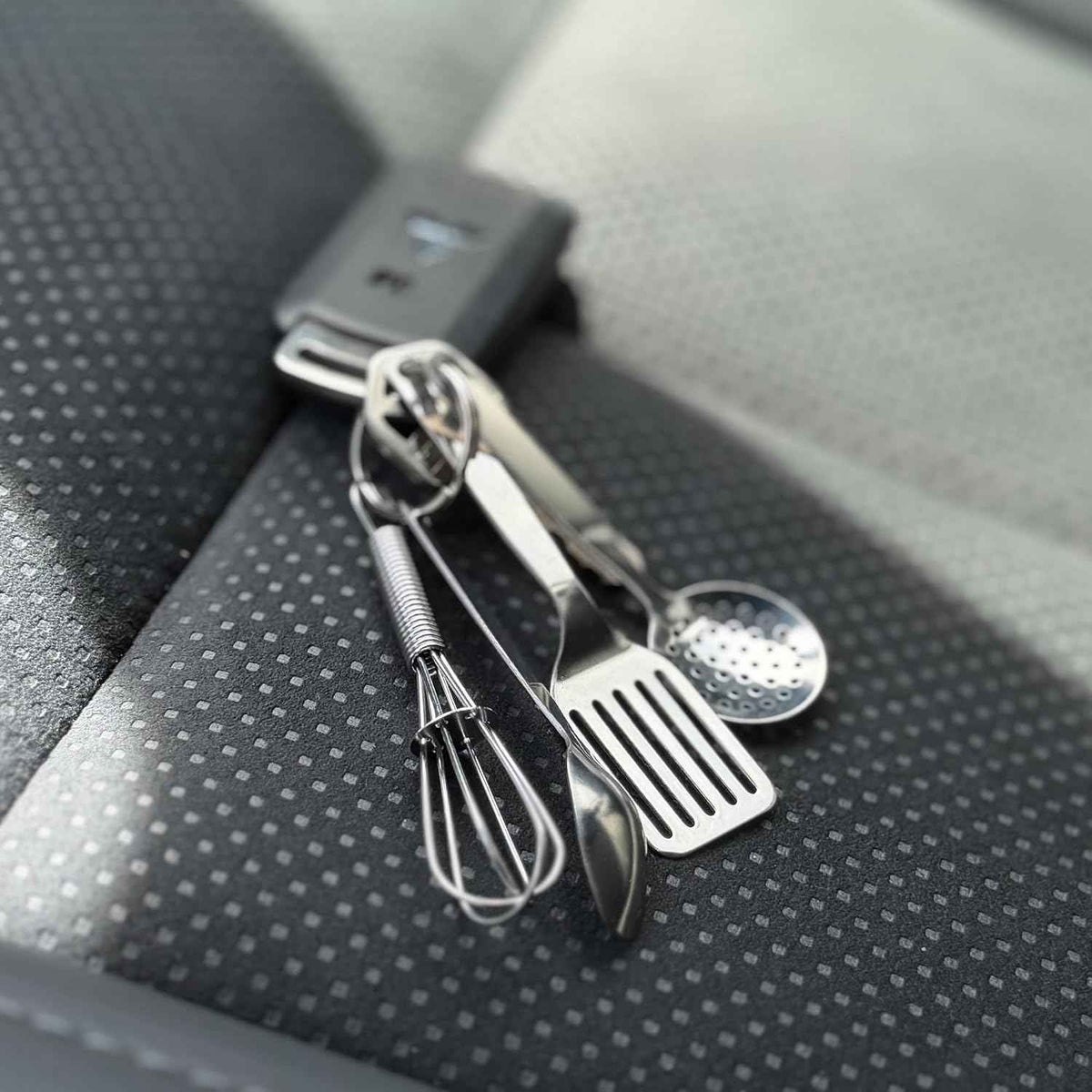 R&M International Mini 3.5" Kitchen Tool Set with Keychain, Includes Whisk, Spatula, Spoon, and Skimmer,Silver