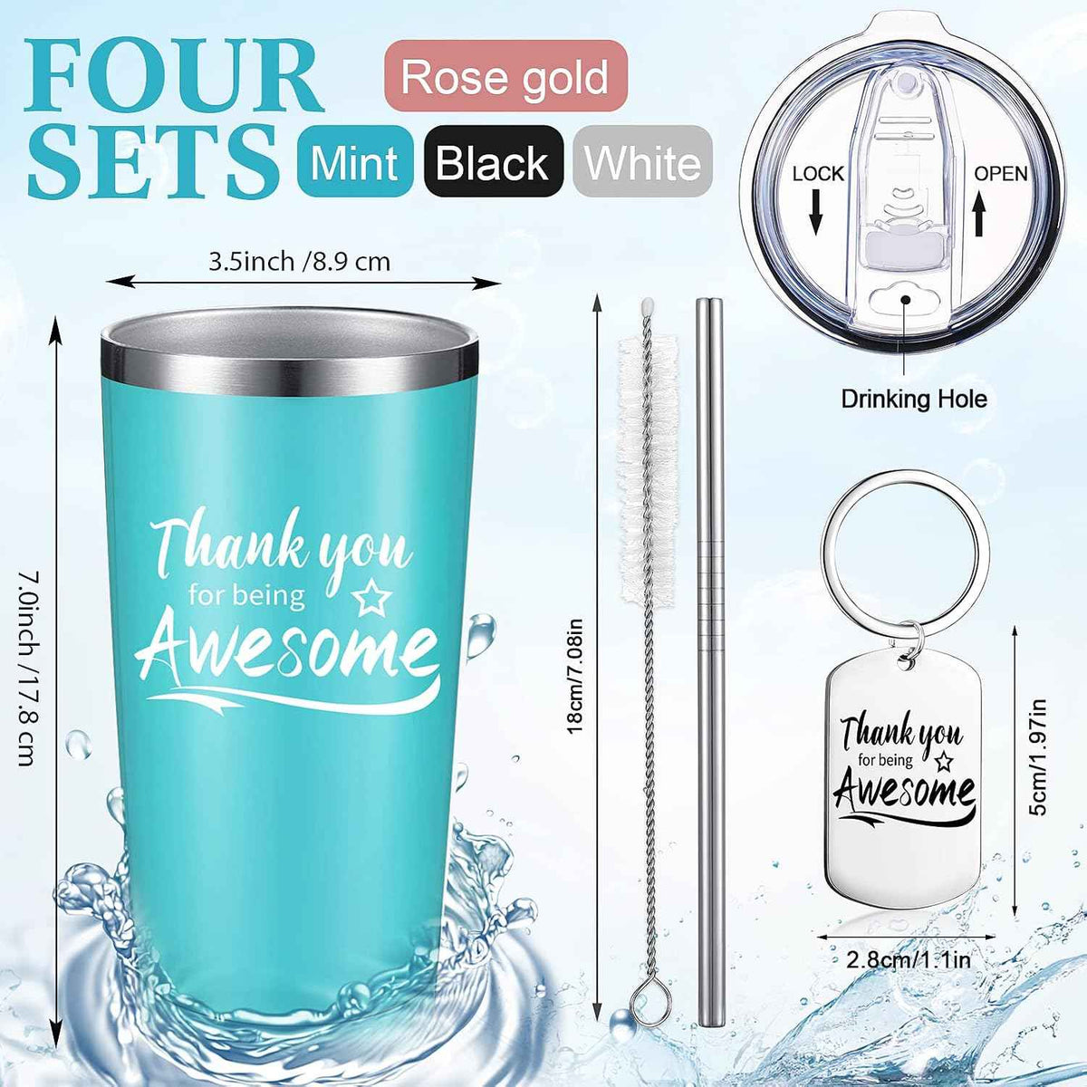 Sieral 8 Pieces Thank You for Being Awesome Tumbler, Thank You Supplies for Women Men 20oz Insulated Stainless Steel Travel Tumbler with Lid and Straw Appreciation Gift with Keychain (Classic Color)