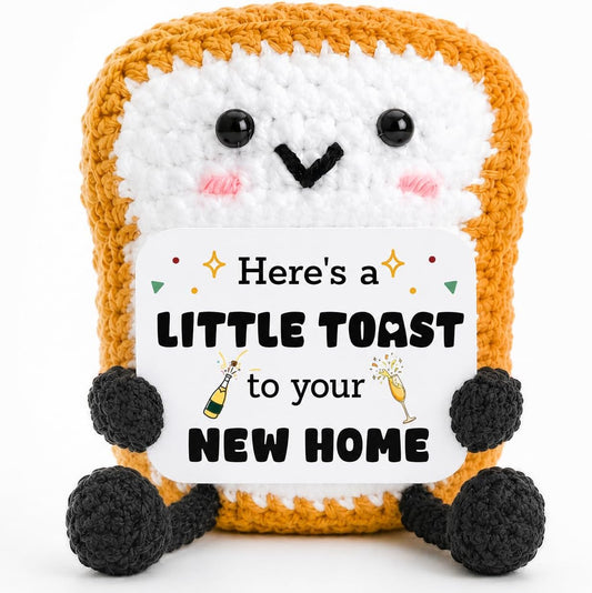 Crochet Toast Housewarming Gift, Cute Positive Toast Crochet with “Here’s a Little Toast to Your New Home”, Funny New Home Gift for Women Men Couples, New Apartment Decor Desk
