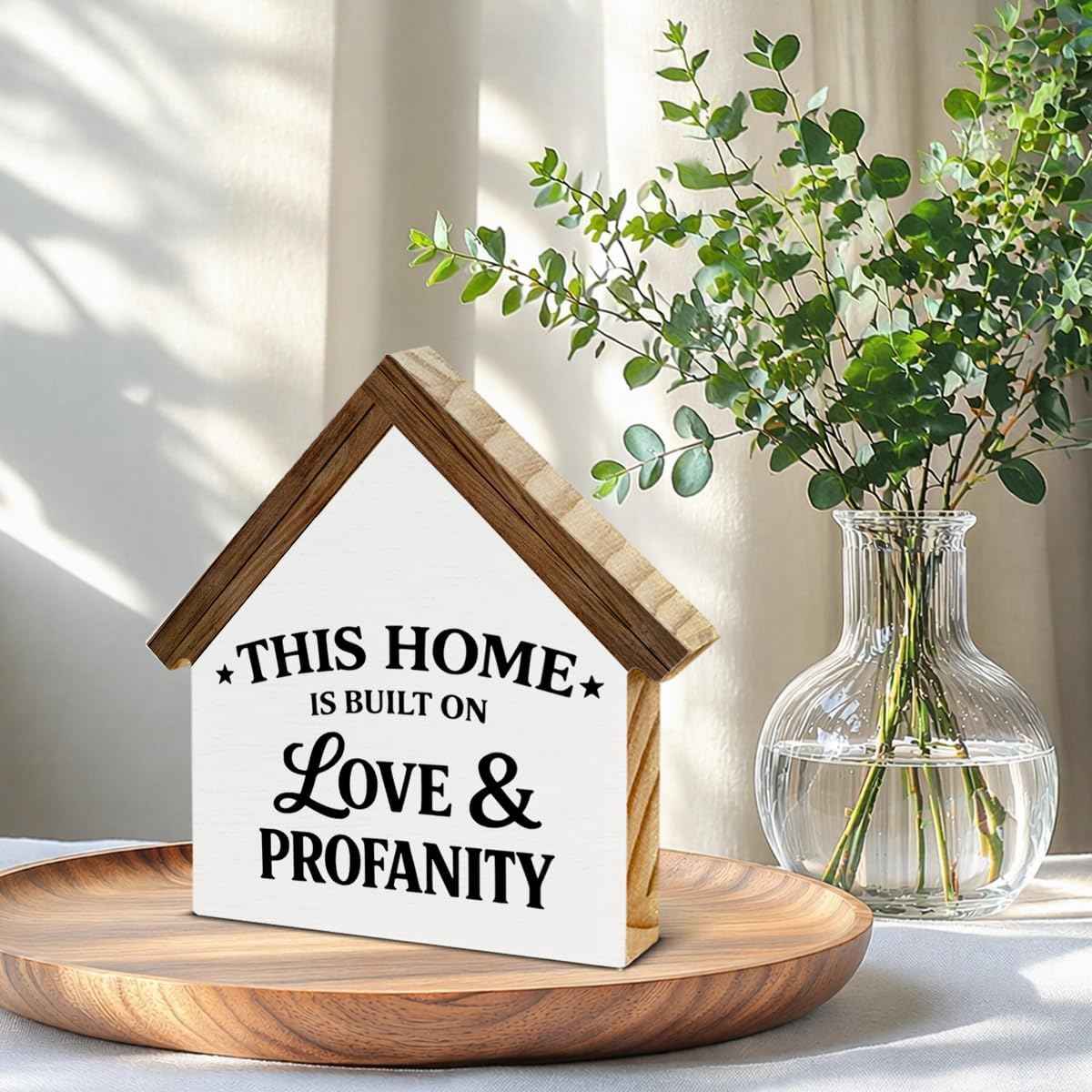 2026 Housewarming Gifts New Home Gift Ideas Wooden Sign, Funny Built on Love & Profanity House Shaped Wood Block Sign, Home Decor for Living Room Bedroom Table Desk Shelf
