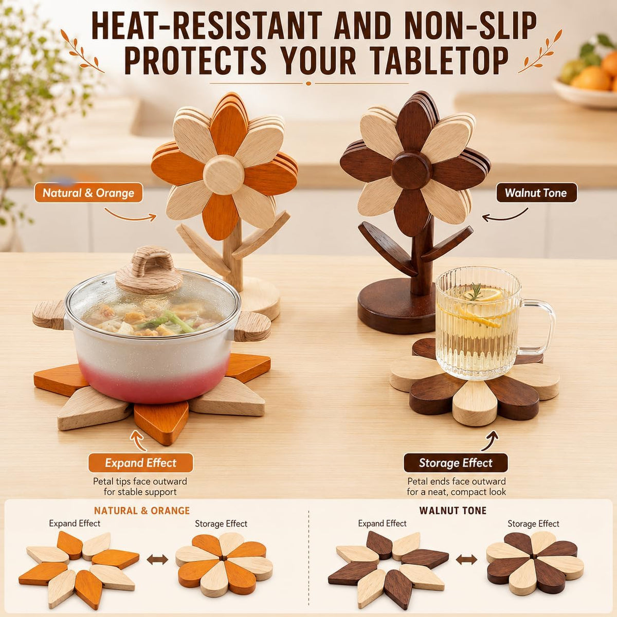 Sunflower Trivets for Hot Dishes, 5Pc Wooden Tree Trivet Stand Set | Flippable wooden sunflower petals expand 5.5 to 6.69 in - trivet & coaster in one, doubles as countertop decor
