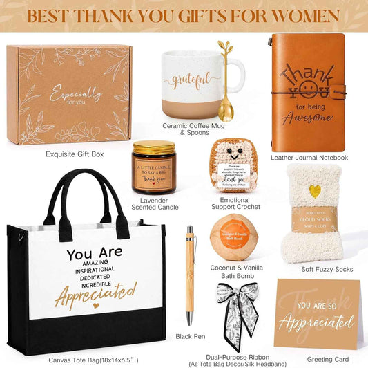 Thank You Gifts for Women, Employee & Teacher Appreciation Gifts Set for Coworker Boss Mentor Secretary Nurse Administrative Professional, Thank You Gift Baskets Ideas w/ Tote Bag Ceramic Mug