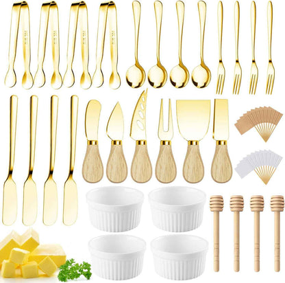 Charcuterie Boards Accessories Gold Charcuterie Utensils Cheese Butter Spreader Knife Set Small Serving Tongs Forks and Spoons Dipping Bowls Honey Dippers Toothpick Flags for Party Platter Making