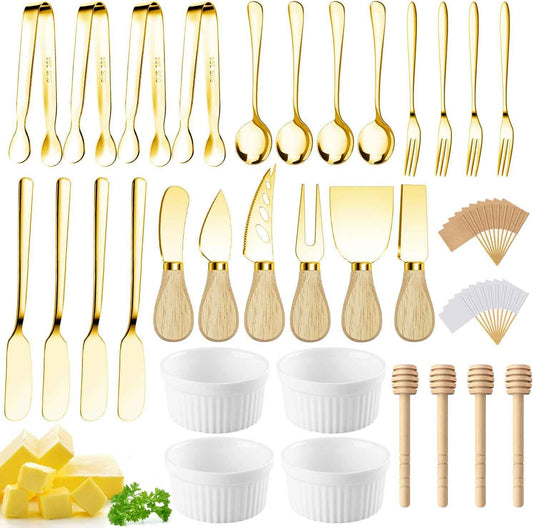 Charcuterie Boards Accessories Gold Charcuterie Utensils Cheese Butter Spreader Knife Set Small Serving Tongs Forks and Spoons Dipping Bowls Honey Dippers Toothpick Flags for Party Platter Making