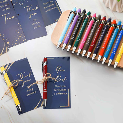Qilery 24 Set Employee Appreciation Pens Gift Black Ink Metal Inspirational Ballpoint Pen with Stylus Tip Colorful Motivational Quote with Thank You Card Rope for Office Coworker Men Women
